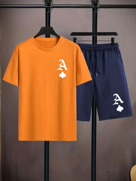 Mens Shorts and T-Shirt Summer Cotton Set - MMSS77 - Orange Navy Blue