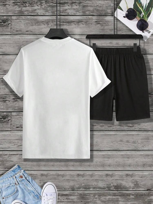 Mens Shorts and T-Shirt Summer Cotton Set - MMSS55 - White Black