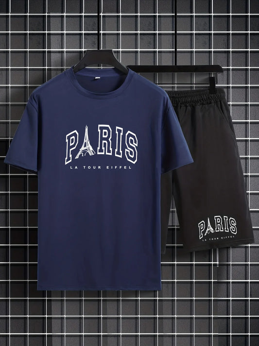 Mens Shorts and T-Shirt Summer Cotton Set - MMSS86 - Navy Blue Black