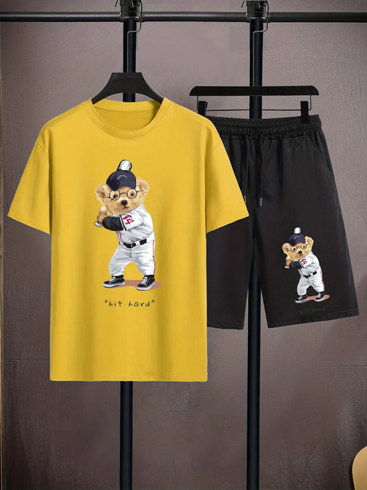 Mens Shorts and T-Shirt Summer Cotton Set - MMSS79 - Yellow Black