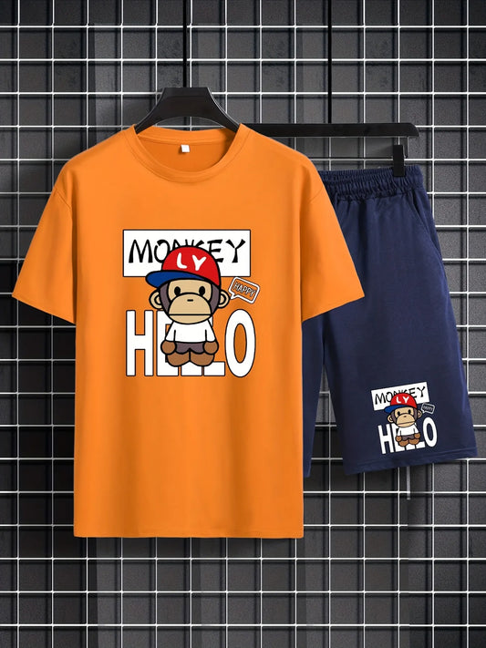 Mens Shorts and T-Shirt Summer Cotton Set - MMSS82 - Orange Navy Blue