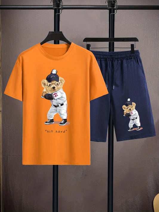 Mens Shorts and T-Shirt Summer Cotton Set - MMSS79 - Orange Navy Blue