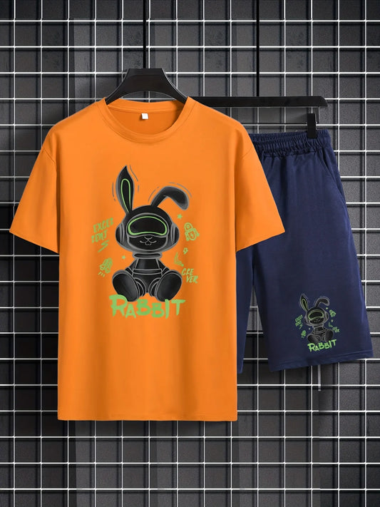 Mens Shorts and T-Shirt Summer Cotton Set - MMSS89 - Orange Navy Blue