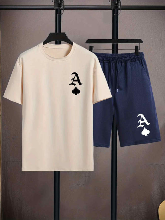 Mens Shorts and T-Shirt Summer Cotton Set - MMSS77 - Cream Navy Blue