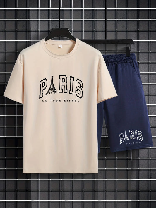 Mens Shorts and T-Shirt Summer Cotton Set - MMSS86 - Cream Navy Blue