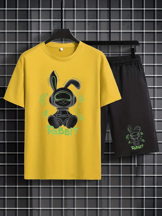 Mens Shorts and T-Shirt Summer Cotton Set - MMSS89 - Yellow Black