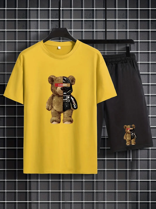 Mens Shorts and T-Shirt Summer Cotton Set - MMSS87 - Yellow Black