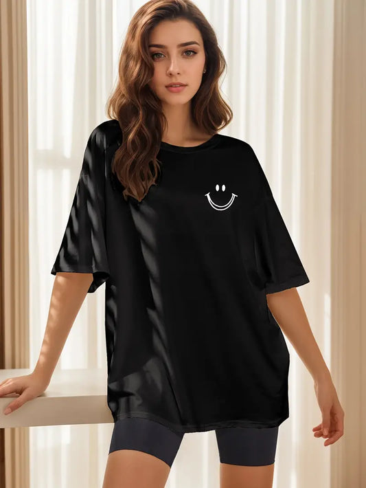 Womens Half Sleeve Printed Boyfriend Fit Round Neck T-Shirt MIRWOMP9 - Black