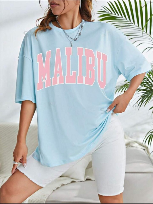 Womens Half Sleeve Printed Boyfriend Fit Round Neck T-Shirt MIRWOMP7 - Light Blue