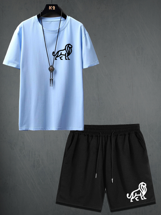 Mens Shorts and T-Shirt Summer Cotton Set - MMSS46 - Light Blue Black