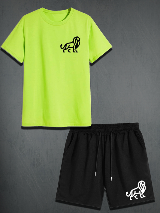 Mens Shorts and T-Shirt Summer Cotton Set - MMSS46 - Lime Green Black