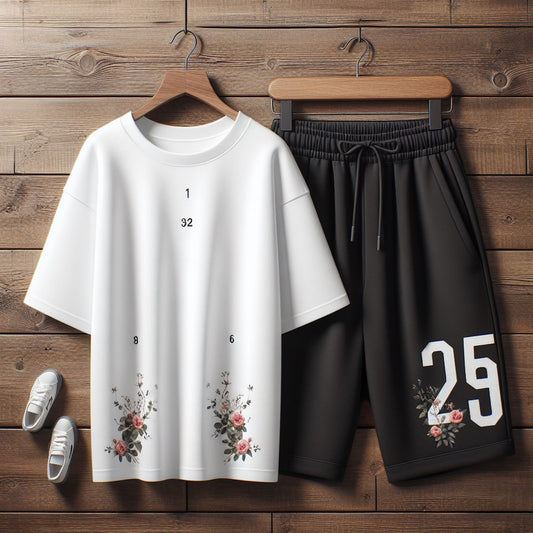 Womens Boyfriend Shorts and Oversized T-Shirt Summer Cotton Set - MIRWBSOT2 - White Black