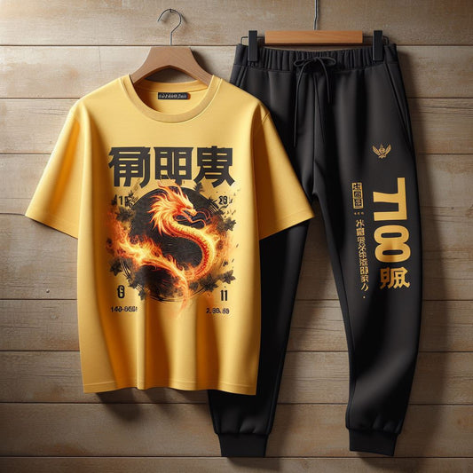 Mens Pants and T-Shirt Cotton Set - MMPTS8 - Yellow Black