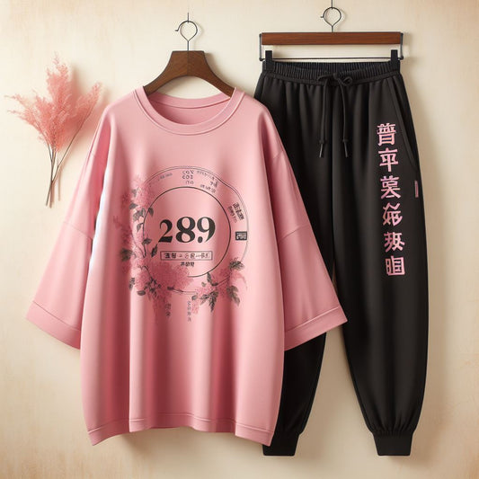 Womens Jogger Pants and Oversized T-Shirt Summer Cotton Set - MIRWBJPOT3 - Pink Black