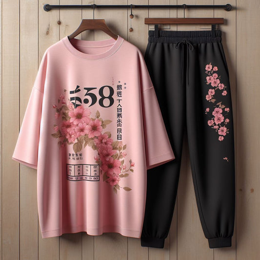 Womens Jogger Pants and Oversized T-Shirt Summer Cotton Set - MIRWBJPOT2 - Pink Black