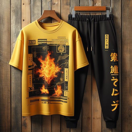 Mens Pants and T-Shirt Cotton Set - MMPTS5 - Yellow Black