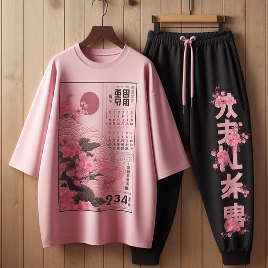 Womens Jogger Pants and Oversized T-Shirt Summer Cotton Set - MIRWBJPOT4 - Pink Black