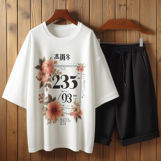 Womens Boyfriend Shorts and Oversized T-Shirt Summer Cotton Set - MIRWBSOT1 - White Black