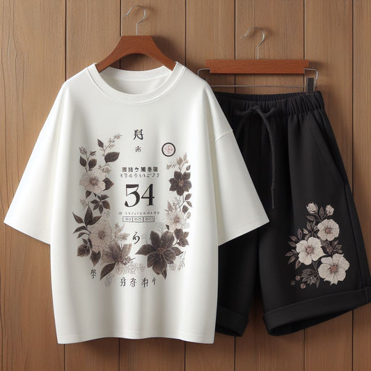 Womens Boyfriend Shorts and Oversized T-Shirt Summer Cotton Set - MIRWBSOT3 - White Black