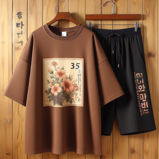 Womens Boyfriend Shorts and Oversized T-Shirt Summer Cotton Set - MIRWBSOT5 - Brown Black