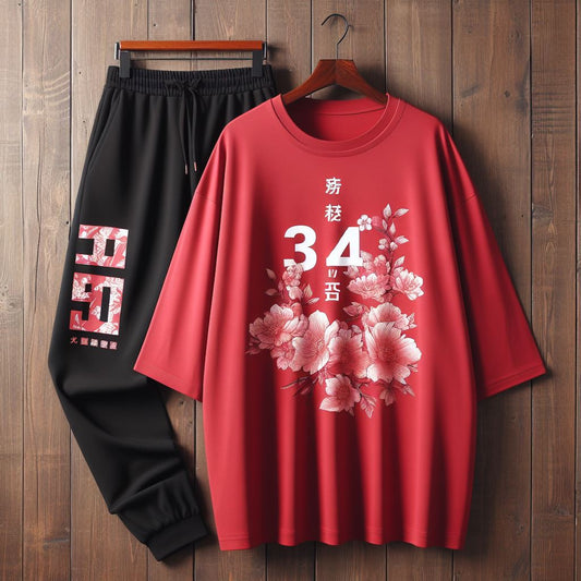 Womens Jogger Pants and Oversized T-Shirt Summer Cotton Set - MIRWBJPOT5 - Red Black