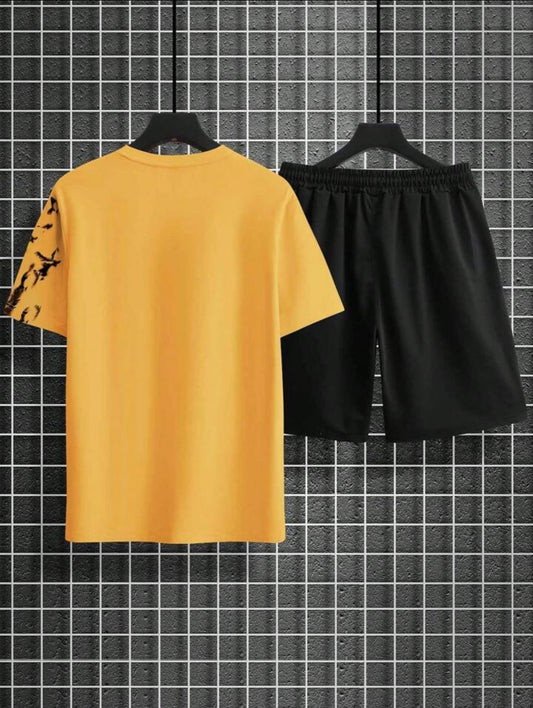 Mens Shorts and T-Shirt Summer Cotton Set - MMSS50 - Yellow Black