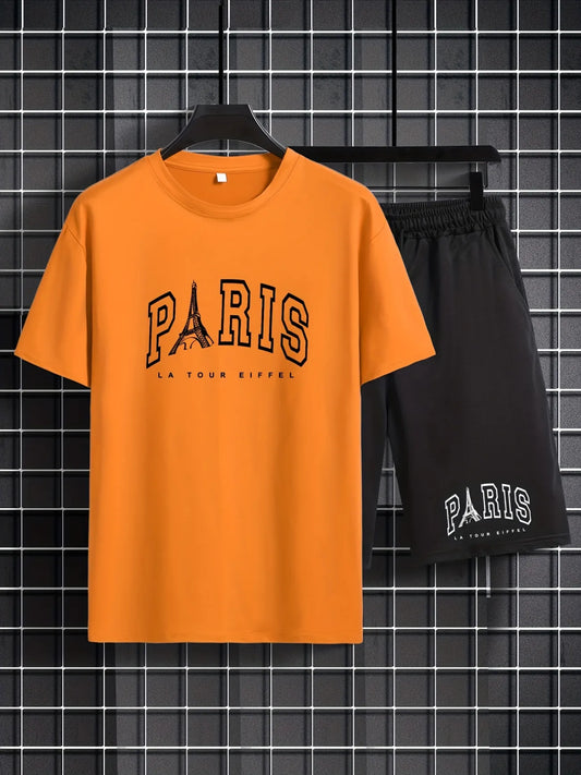 Mens Shorts and T-Shirt Summer Cotton Set - MMSS86 - Orange Black