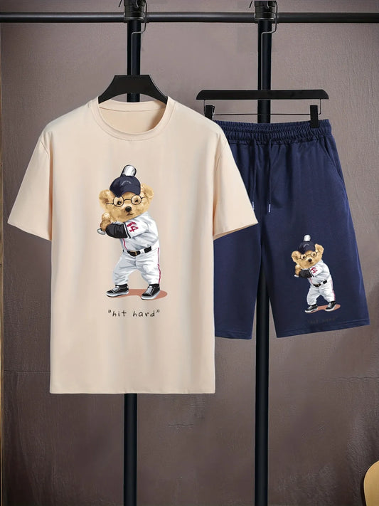 Mens Shorts and T-Shirt Summer Cotton Set - MMSS79 - Cream Navy Blue