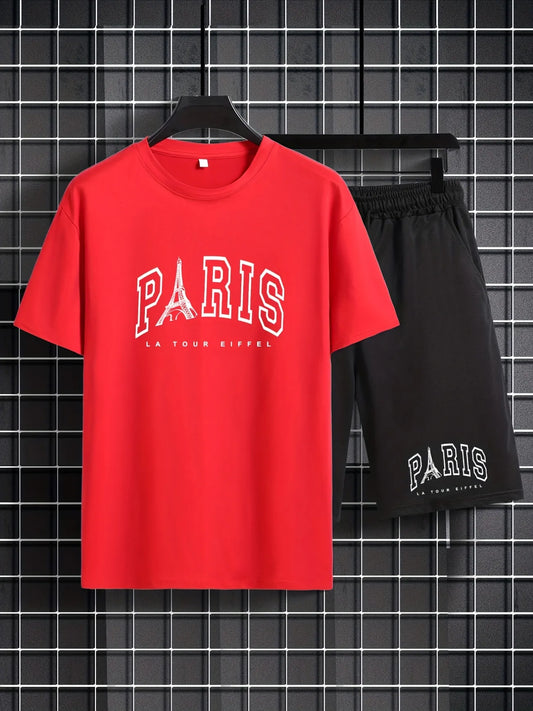 Mens Shorts and T-Shirt Summer Cotton Set - MMSS86 - Red Black