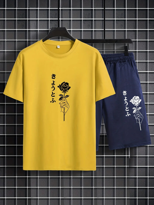 Mens Shorts and T-Shirt Summer Cotton Set - MMSS76 - Yellow Navy Blue