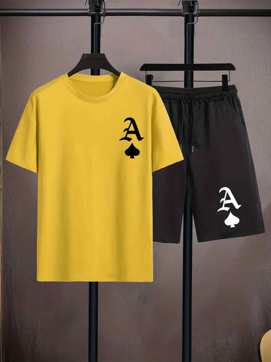 Mens Shorts and T-Shirt Summer Cotton Set - MMSS77 - Yellow Black