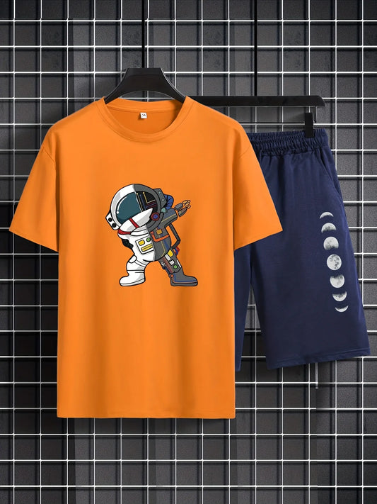 Mens Shorts and T-Shirt Summer Cotton Set - MMSS81 - Orange Navy Blue