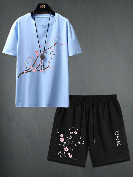 Mens Shorts and T-Shirt Summer Cotton Set - MMSS42 - Light Blue Black