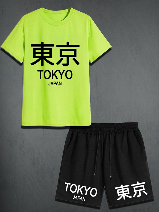 Mens Shorts and T-Shirt Summer Cotton Set - MMSS44 - Lime Green Black