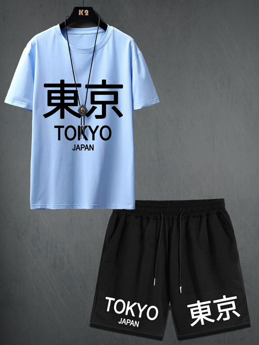 Mens Shorts and T-Shirt Summer Cotton Set - MMSS44 - Light Blue Black