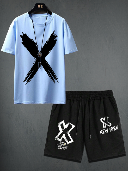 Mens Shorts and T-Shirt Summer Cotton Set - MMSS43 - Light Blue Black