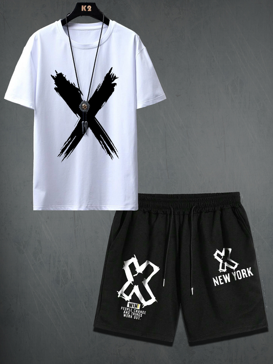 Mens Shorts and T-Shirt Summer Cotton Set - MMSS43 - White Black