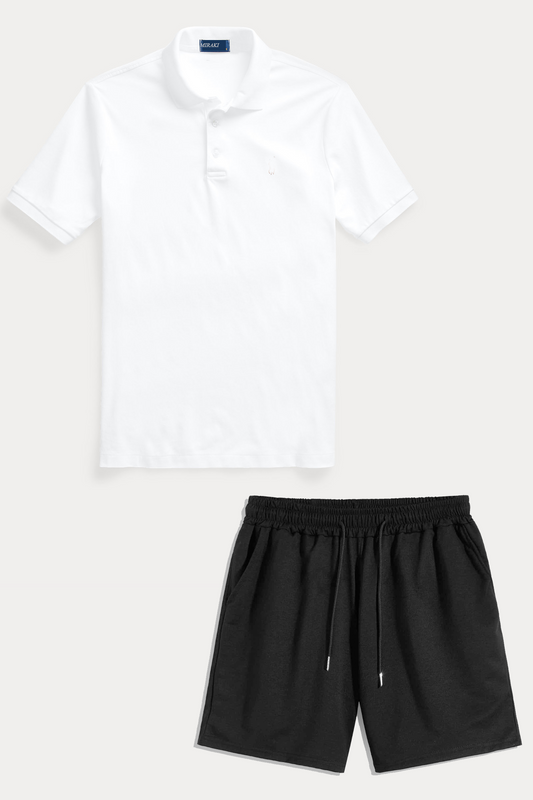 Mens Shorts and Polo Summer Cotton Set MIRPOLS1 - White Black