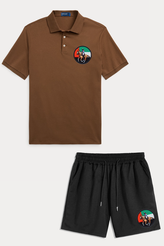 Mens Shorts and Polo Embroidered Patch Summer Cotton Set MIRPOLS1 MIREMB1- Brown Black