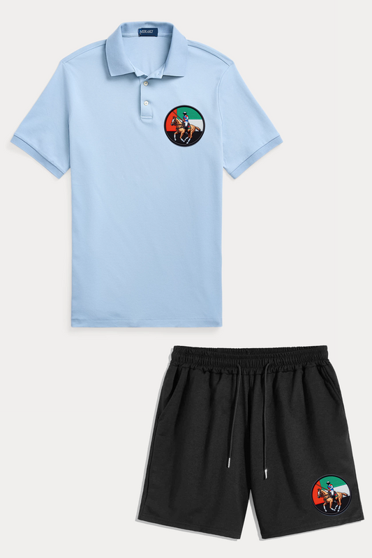 Mens Shorts and Polo Embroidered Patch Summer Cotton Set MIRPOLS1 MIREMB1- Light Blue Black